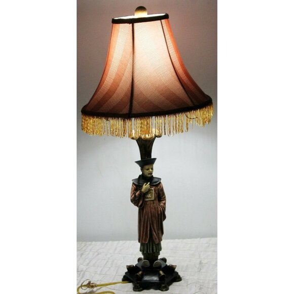 Berman Oriental Asian Man Figurine Lamp Red Lamp Shade Orange Fringe Trim Color - Picture 12 of 12